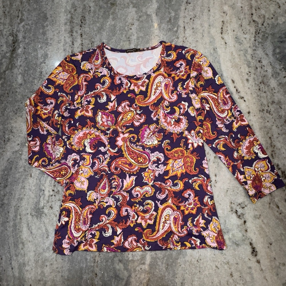 J. McLaughlin 3/4 Sleeve Shirt Paisley Colorful Floral Sz Small Nylon Stretch